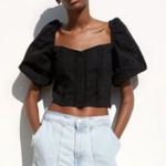 ZARA  Cropped‎ Eyelet Puff Sleeve Blouse Black Sz XS Photo 0