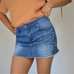 Authurna Denim Blue Pearled Mini Distressed Summer Party Skirt 5 Photo 0