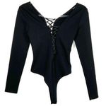 True Religion Black Double Lace Up Deep V Long Sleeve Bodysuit XS New Photo 0