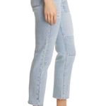 frame denim NWT Frame Le Garcon Hideaway Raw Hem Patched Distressed Jeans in Light Wash Photo 2