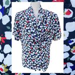 Impressions Vintage 80s 90s Faux Wrap Blouse Black White Abstract Floral L Photo 1