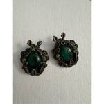 80s Vintage Womens Silver Tone Emerald Green Leafy Garden Clip On Earrings Retro Gray Photo 1
