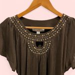 French Laundry Y2k chocolate brown flowy keyhole studded ruched sides bling bling top Photo 0