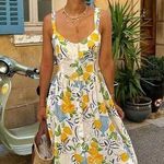 ZARA  Midi Dress L NWOT Linen Blend Lemon Citrus Floral Print Vacation Travel Photo 0