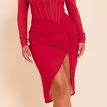 Pretty Little Thing NWT  Womens Bodycon‎ Corset Detail Ruched Midi Dress Size 4 Red Photo 0