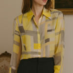 Escada Abstract yellow silk button down shirt size 34‎ quiet luxury old money 4 Photo 0