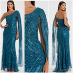 Mac Duggal  20528 Womens Blue One Shoulder Cape Sleeve Embellished Gown Photo 2