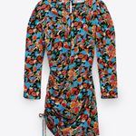 ZARA Blue Black Red Drawstring Floral Print Mini Dress Photo 0