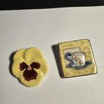 Lot Of 2 Ceramic Brooch Pins Handcrafted Tea Cup Square & Avon Flower Photo 2