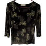 Dress Barn  Shirt Y2k Medium Black Gold Floral Print 3/4 Sleeve Stretch Top Grunge Photo 0