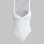 Micas  White Basic Solid Deep-V Neck Bustier Bodysuit Top Sleeveless Soft Casual Photo 1