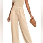 Sleeveless Square Neck Ruffle Sleeve Jumpsuit Wide Leg Pockets (348) Tan Size M Photo 0