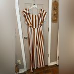 Dress Day off the shoulder brown white striped wide leg jumpsuit with pockets L. Size L Photo 1