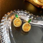 Gold Citrus Slice Earrings with Green Leaf Stone Sparkling Round Drops NWT Yellow Photo 4