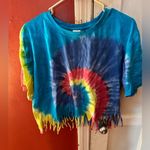 Spirit Brand Multicolored Rainbow Tie Dye Fringe Hem Short Sleeve Top Photo 3