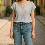 Loft Womens Cap Sleeve Blouse With Embroidered Front Button Placket Blue Size M Photo 0