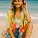 Vintage Y2K Bright Floral Kimono Wrap Tassel Hem Festival Beach Boho OS Red Size 1X Photo 0