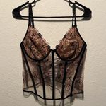 Victoria's Secret Black Pink Lace Bustier Corset Floral Lace Up 34DDD Mesh Nude Photo 9