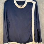 J Crew 365 Silk Blouse Size 14 Navy Gray Trim Preppy Academia Office Blue Photo 0