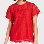 After Market Evereve Red Short Sleeve Top Pom Pom Trim Crochet Overlay Medium Photo 0