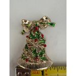 Vintage 1950's GERMANY Christmas Bell Bow Holly Red Berry Brooch Holiday Jewelry Gold Photo 3