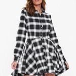 Missguided Plaid Check Black White Long Sleeve Button Down Skater Shirt Dress Photo 2