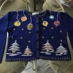 Vintage Victoria Harbour Embellished Christmas Sweater Cardigan Blue Ugly Size M Photo 0