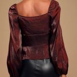 Lulus Chic Perspective Wine Red Satin Tie-Front Puff Sleeve Top Photo 3