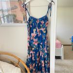 NEW Lulus Tea Party Chic Floral Print Tie Strap Tiered Midi Dress Blue Size L Photo 5
