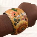 Earthy, boho, hobo, hippie, indie Vintage floral flower large metal bangle Bracelet Orange brown green gold accents. Photo 0