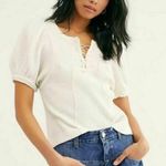 Free People One Hayden Thermal Waffle Knit Puff Sleeve Lace Up Top White XSmall Photo 0