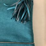 Neiman Marcus Oversized Perforated Faux Suede Tassel Emerald Green Zip Clutch Photo 1