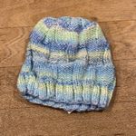 New Handmade Knit Beanie Blue Teal Lime Green Stripped Pattern Photo 1