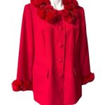Milano Faux Fur Pom Pom and Satin Rosette Trim Button Down Jacket or Coat, Sz 16 Red Photo 4
