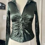 ZARA NWT  olive green satin ruched button up top Photo 0