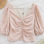 Lovers + Friends NWT  Cottagecore Ruched Puff Sleeve Pink Stripe Top Photo 0