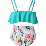 Boutique NEW Green/White Floral Ruched High Waist 2 Piece Swimsuit Photo 2