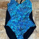 Aqua Green  Swimsuit Blue Green & Black High Thigh High Back Shoulder Strap M Photo 0
