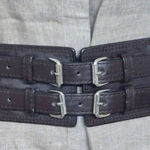 Vintage 90s Lake Shore Drive Brown Double Buckle Belt Cream Crochet Stretch Boho Size XL Photo 0