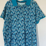 Lands' End Teal Blue Allover Tropical Palm Hawaiian Polo Shirt Womens 2X 20W-22W Photo 0