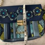 Carlos Falchi Crossbody Purse Flower Embellished Snakeskin Pattern Chain Strap Blue Photo 12