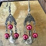 Silver tone pink beaded flower dangling earrings Photo 5