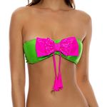 Luli Fama Pink Green Rhinestones Bandeau Bow Tassels Halter Bikini Top NWT Photo 0