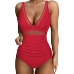 Lipstick Red Bright Cherry Mesh Plunge One Piece Swimsuit Medium Photo 6