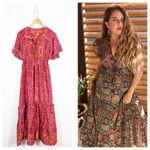 Vintage Tiered Bohemian Red Paisley Maxi Dress Tassel Stretch Silk Blend OS Size M Photo 1