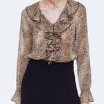 ZARA Leopard Bodysuit Small Animal Print Semi Sheer Long Sleeve Ruffle Career Photo 7