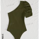 SheIn  Privé One Shoulder Puff Sleeve Ribbed Knit Bodysuit Sz L Photo 3