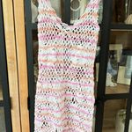 Vintage Crochet knit coverup mini dress rosettes swimsuit beach pool scalloped Pink Photo 0