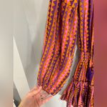 Oliphant Boho Peasant Mini Dress Ruffle Neck Smocked Pink Geometric Tassel XS Purple Photo 8