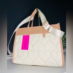 Betsey Johnson Heart Quilted Tote Bag Beige Cream with Fuzzy Heart Charm NWT Photo 3